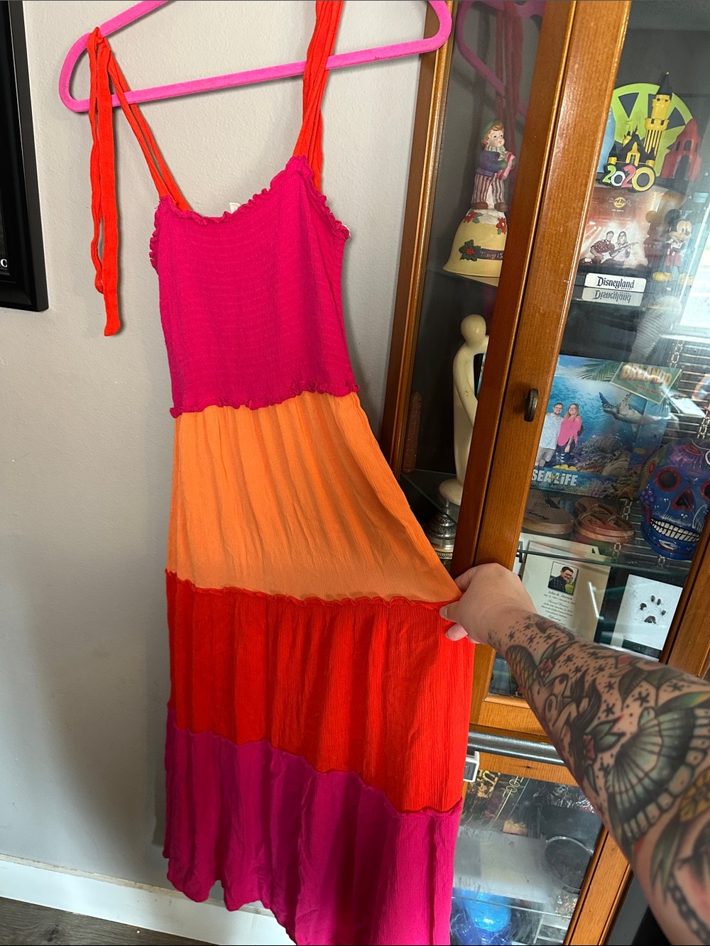 BeBop Colorblock Tiered Maxi Dress in Pink, Orange & Red